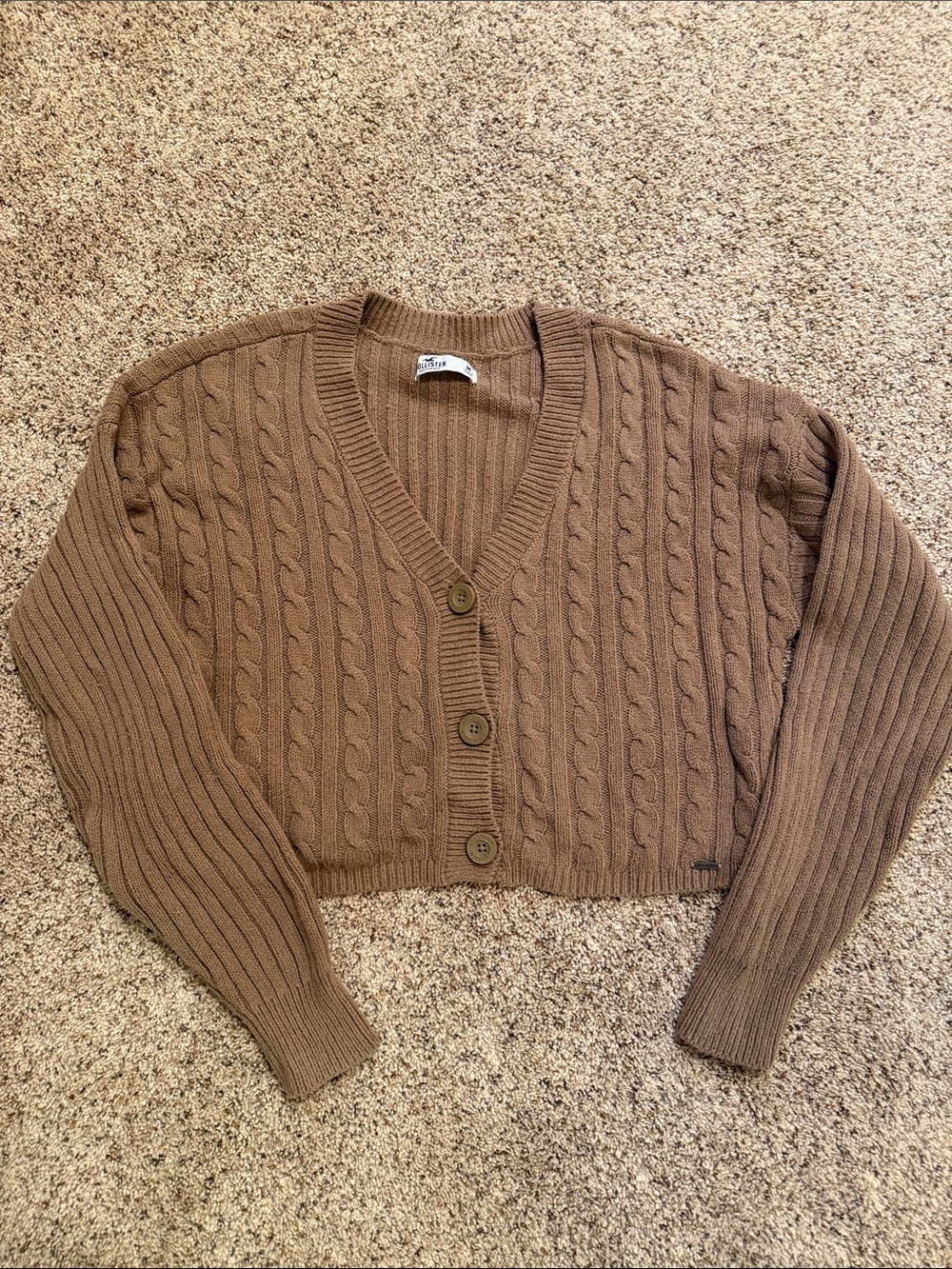 Hollister Cropped Cable V-Neck Cardigan - Brown